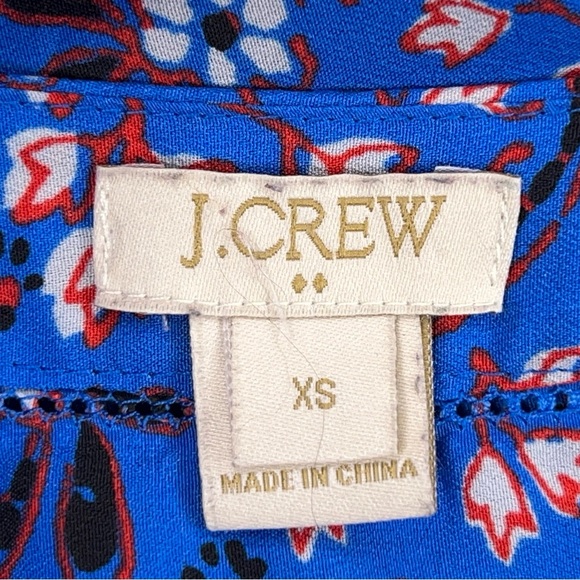 XS J Crew Blue Long Sleeve Blouse Vneck Red White Floral Boho Bohemian Colorful - Picture 11 of 13